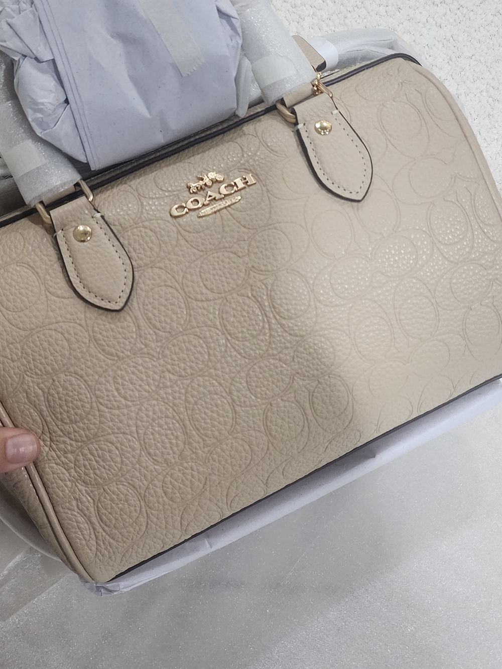 Coach Embossed Signature Pebbled Satchel in Beige